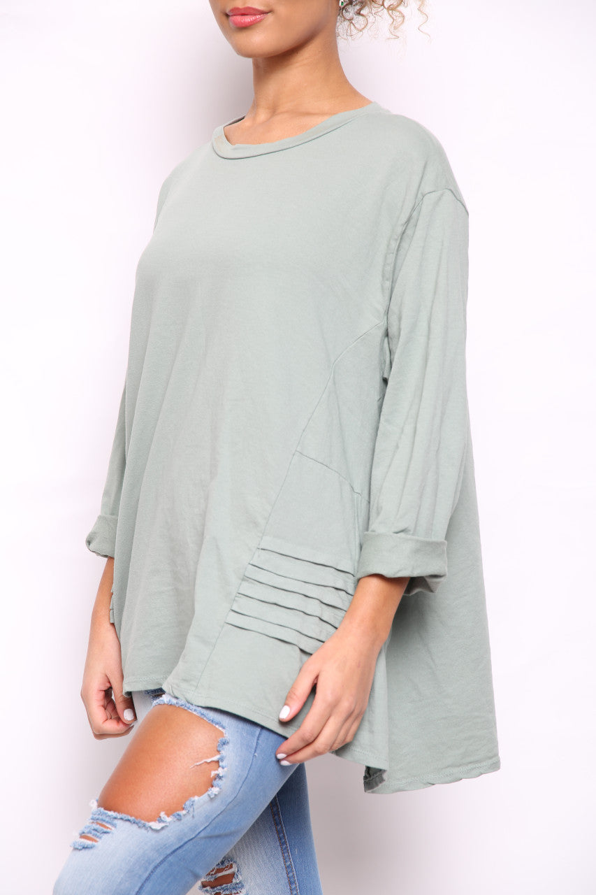 Dames Sweatshirt met Grafische Opdruk en Plooien aan de Zijkant Kaki
