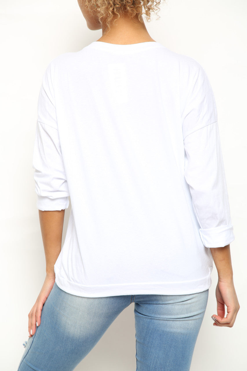 Ladies Foil Feather Graphic Drawstring Hem Top White