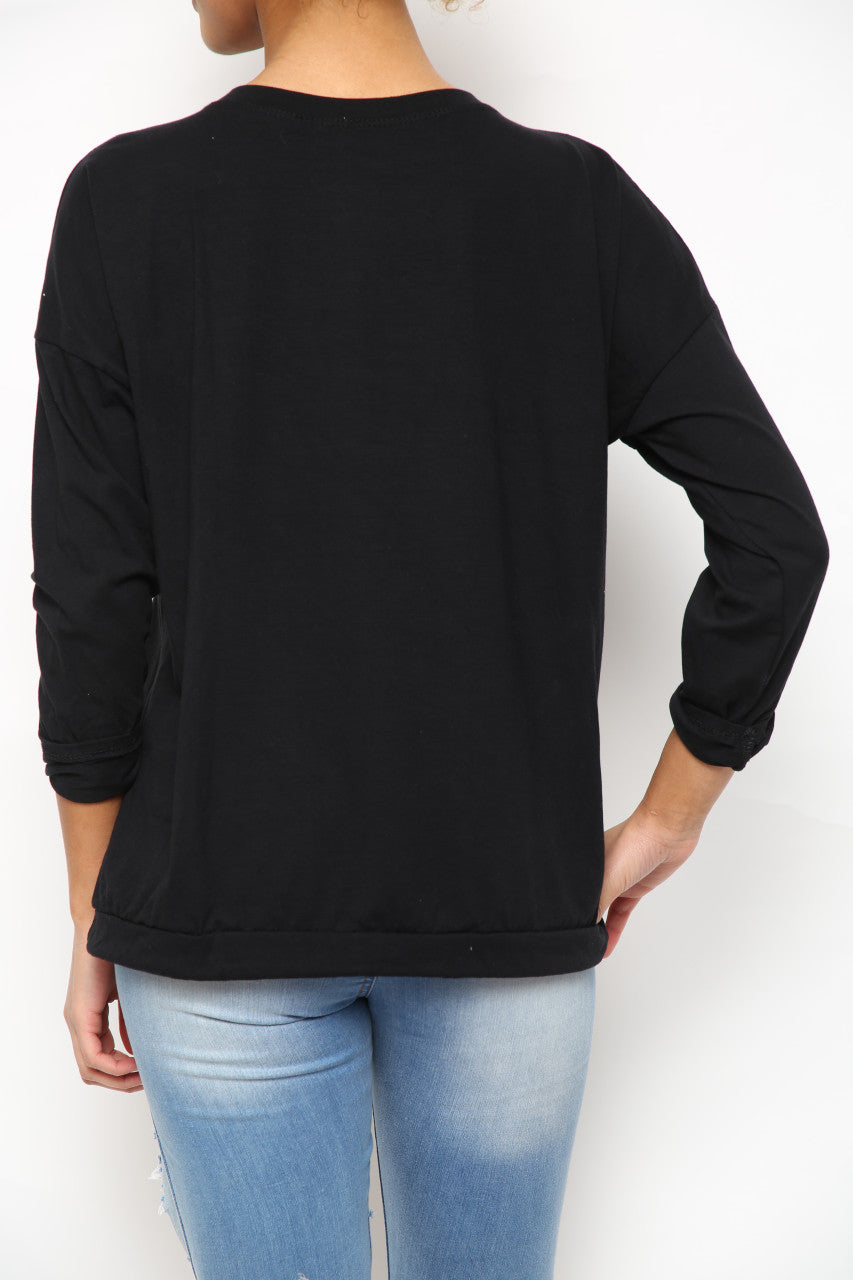 Ladies Foil Feather Graphic Drawstring Hem Top Black