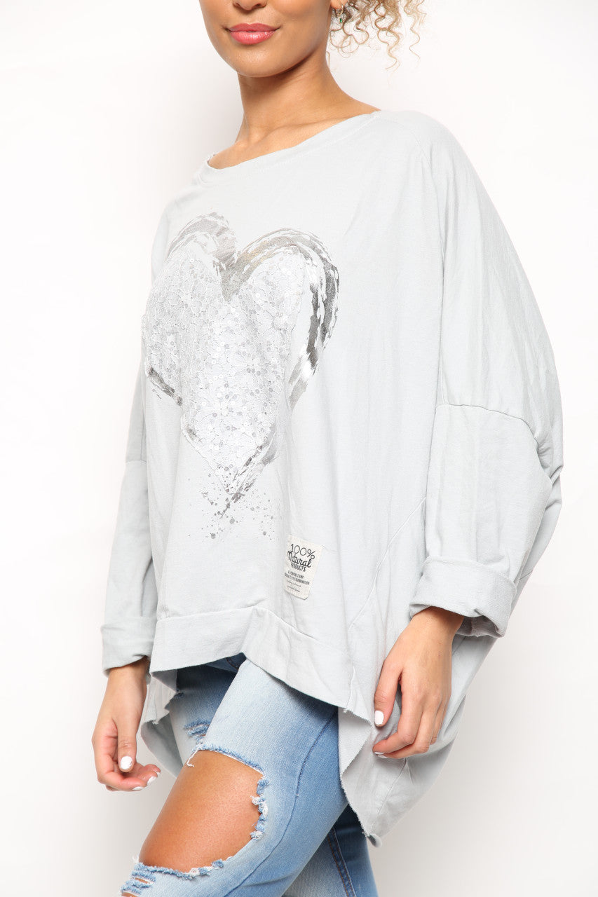 Ladies Foil Heart Scratch Graphic Sweatshirt Top Silver