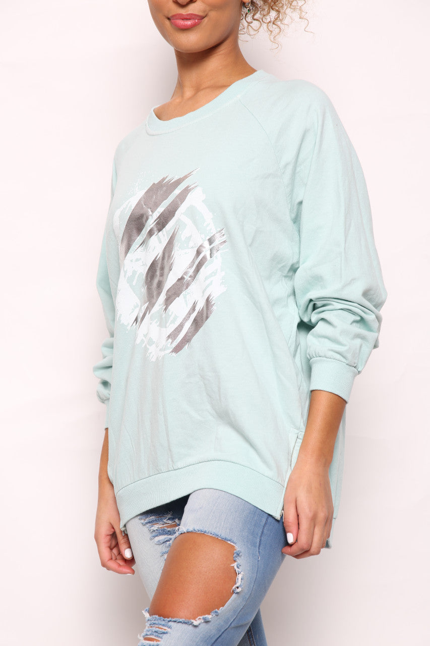 Ladies Foil Circle Scratch Graphic Sweatshirt Top Mint
