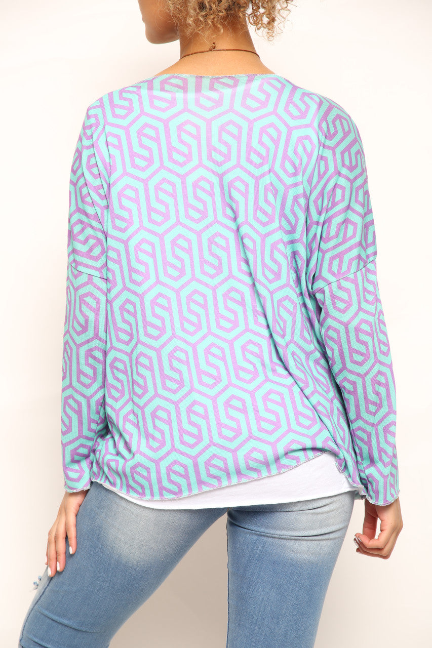Ladies Geometric Print 2 Layer Top Blue/Purple