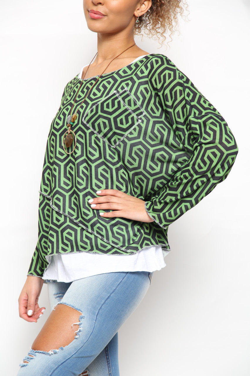 Ladies Geometric Print 2 Layer Top Black/Green