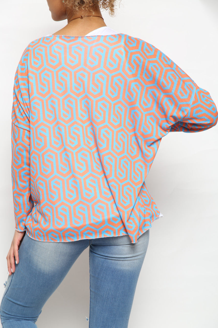 Ladies Geometric Print 2 Layer Top Orange/Blue