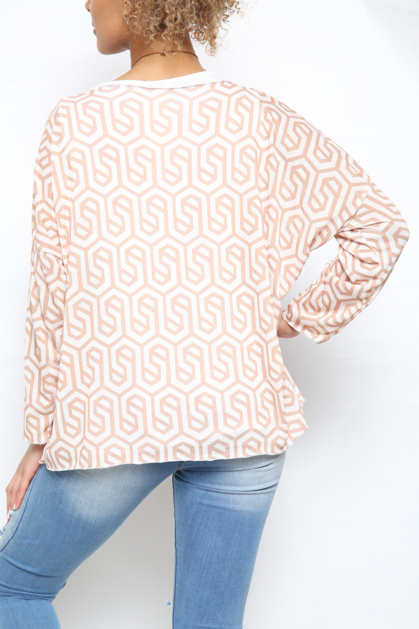 Dames top met geometrische print en dubbele laag roze/wit