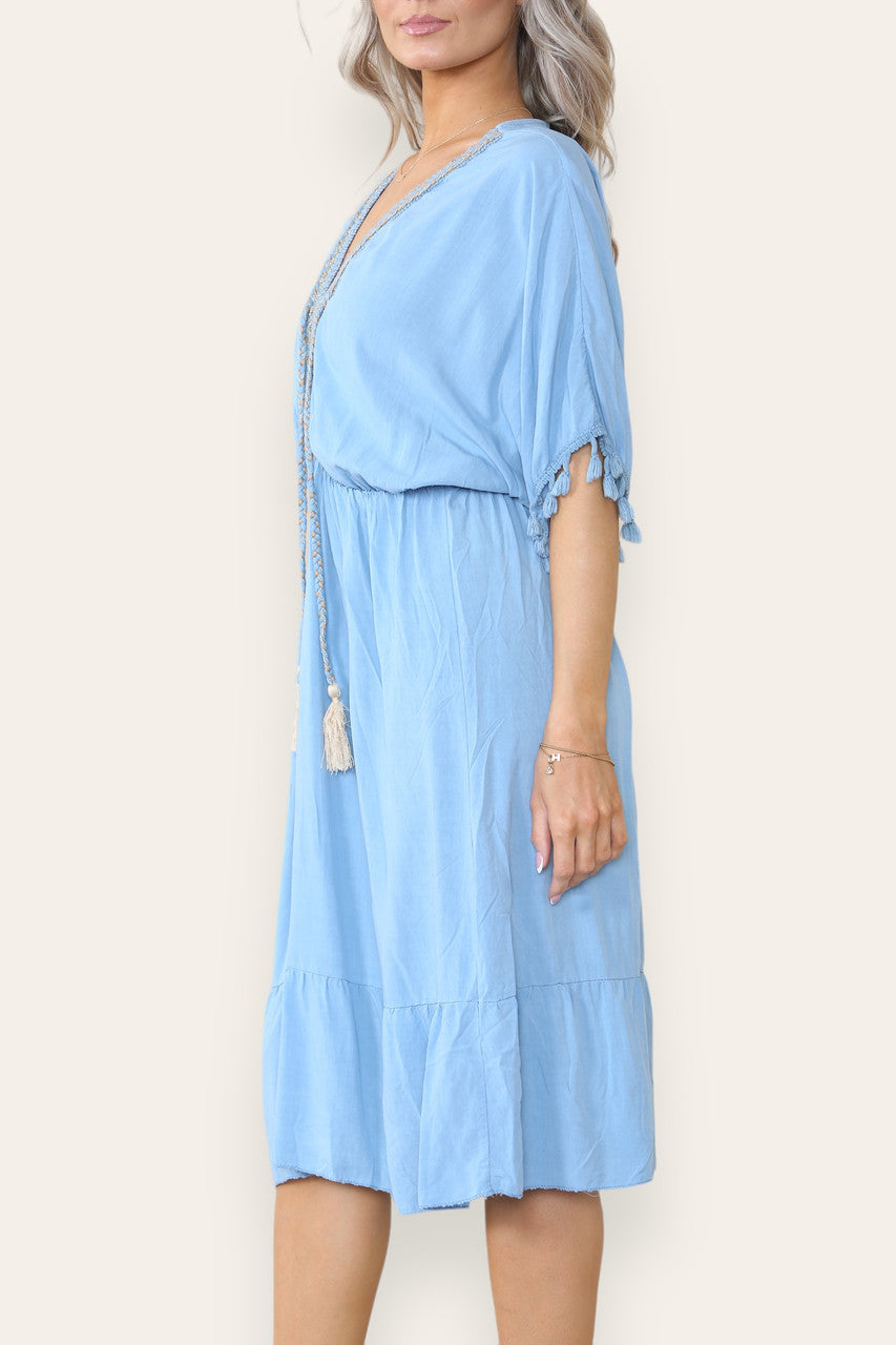 MIDI-JURK VAN DENIM MET KOORDKWASJE