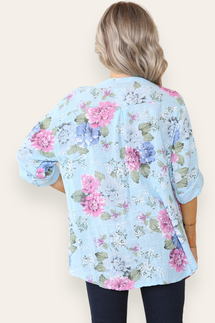 FLORAL PEONY PRINT GRANDAD SHIRT LIGHT BLUE