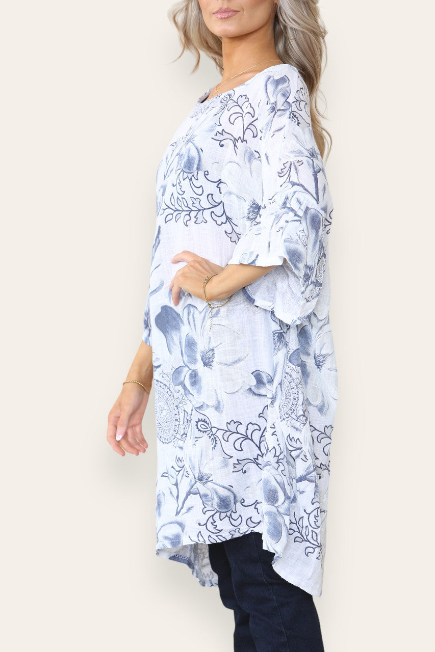 FLOWER PRINT HANKY HEM TOP WHITE