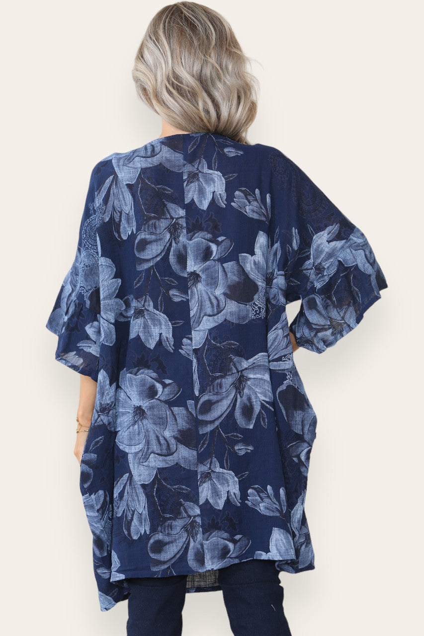 FLOWER PRINT HANKY HEM TOP NAVY