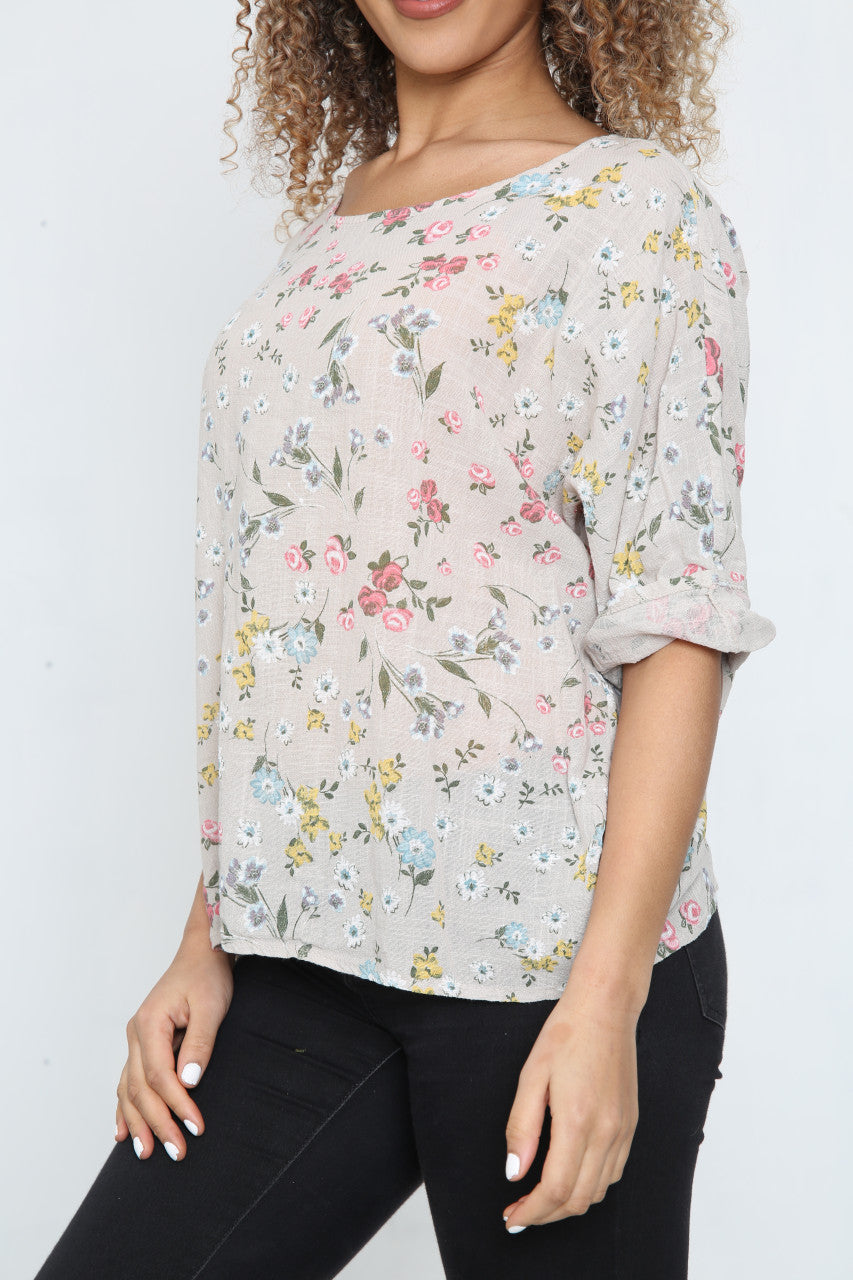 Ladies Ditsy Colourful Floral Top Stone