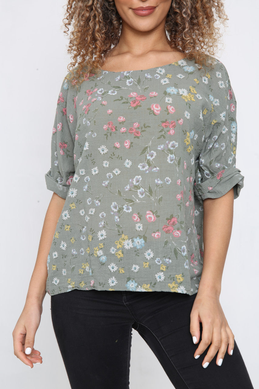 Ladies Ditsy Colourful Floral Top Khaki