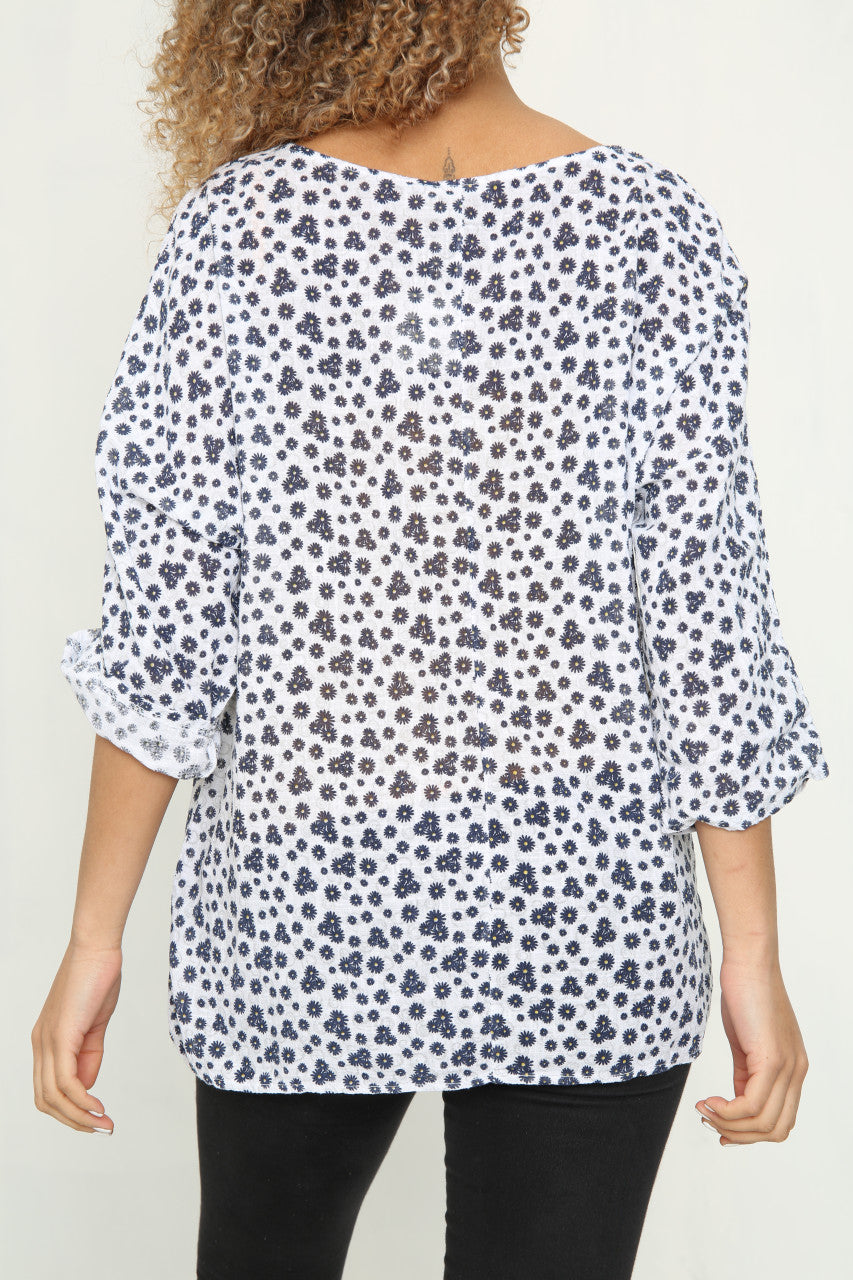 Ladies Daisy Swirl Flowers Print Top White
