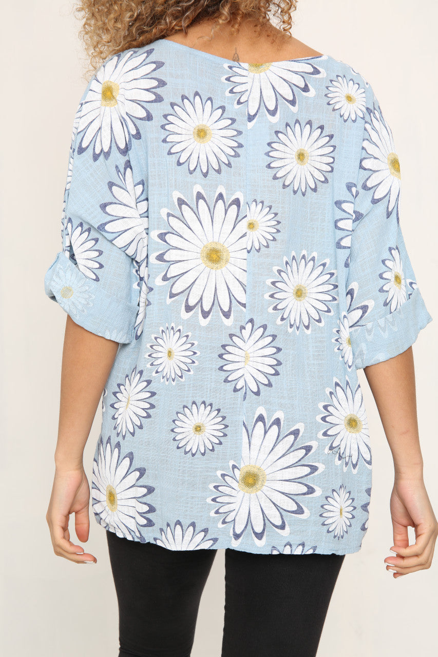 Ladies Daisy Flowers Print Top Sky Blue