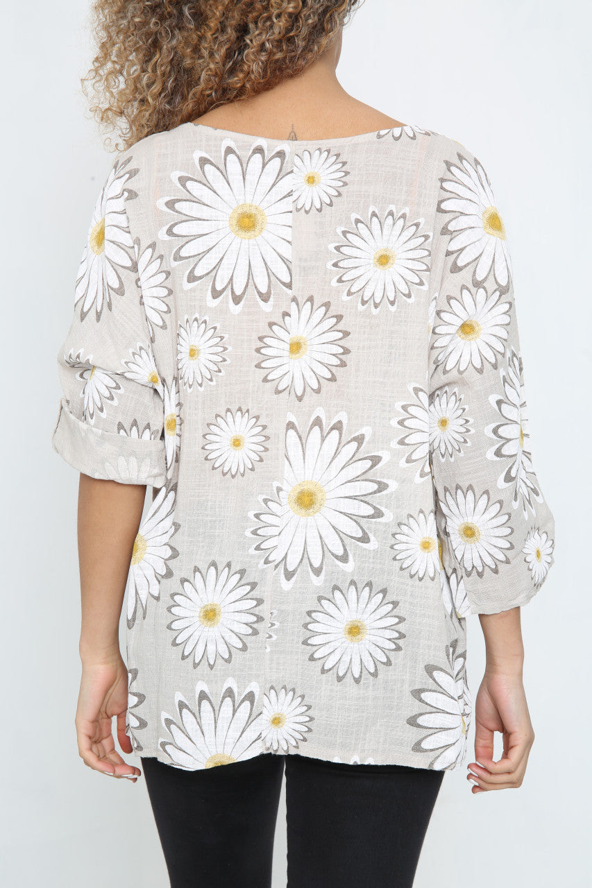 Ladies Daisy Flowers Print Top Stone