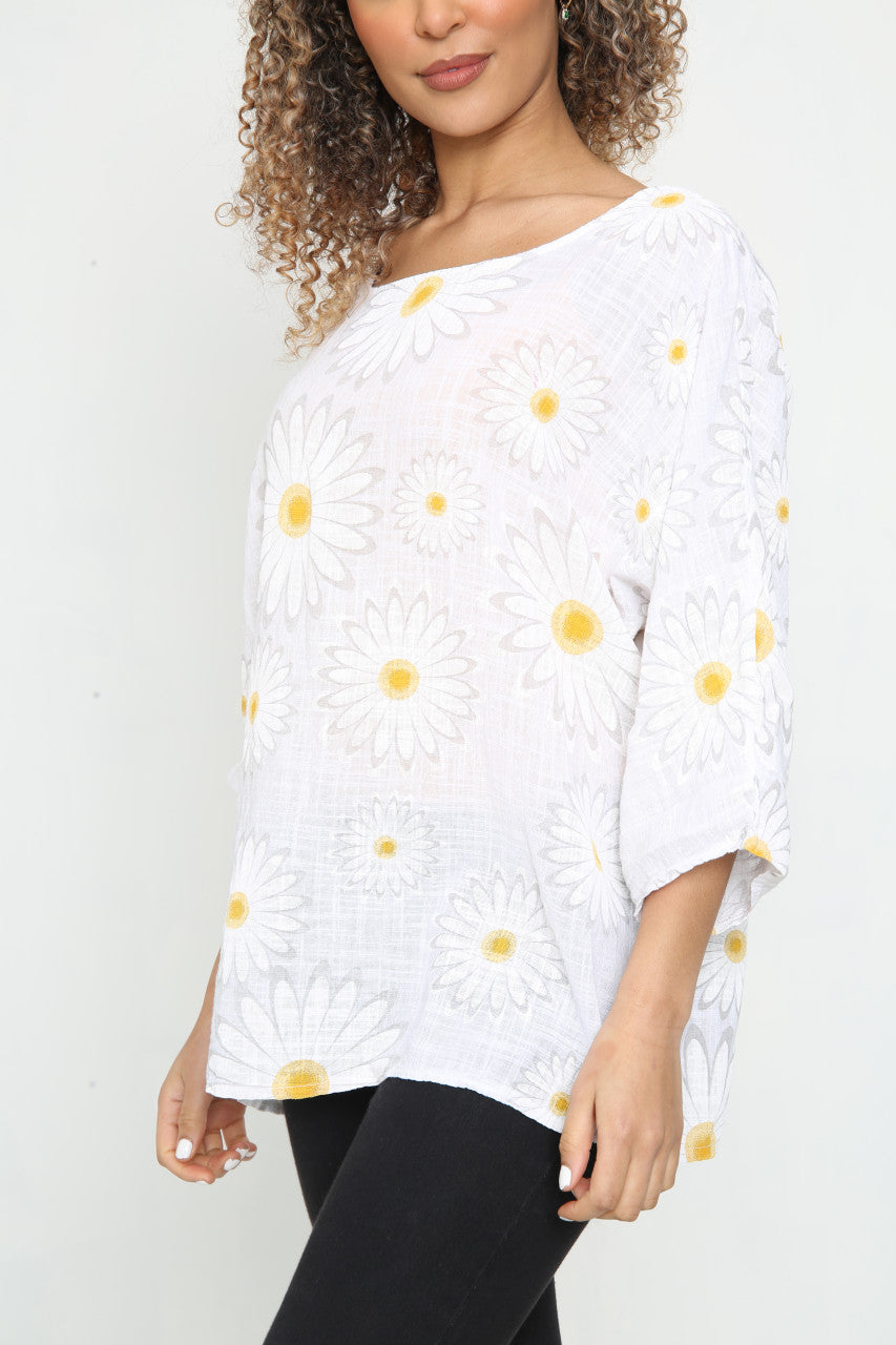 Ladies Daisy Flowers Print Top White