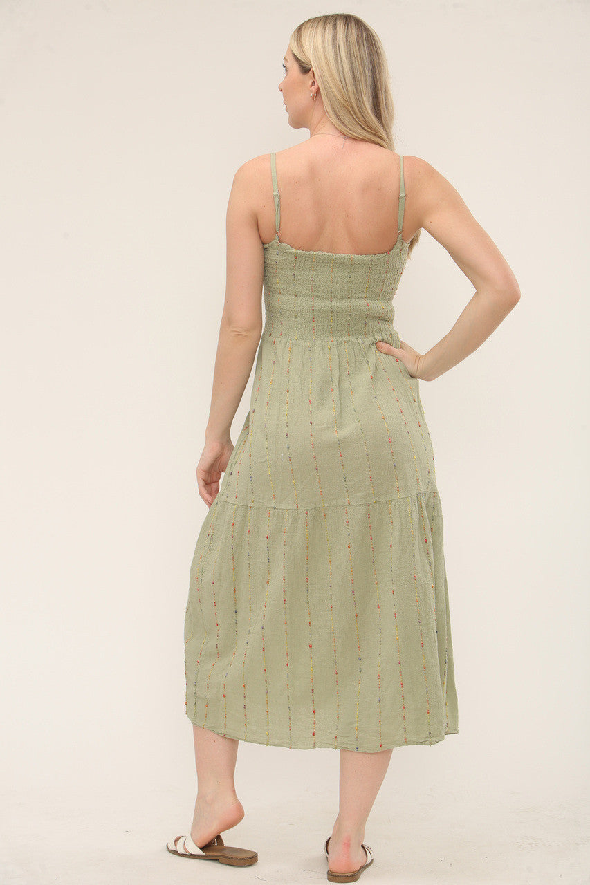 MULTICOLOUR STRIPE EMBROIDERY SHIRRED DRESS - SAGE GREEN