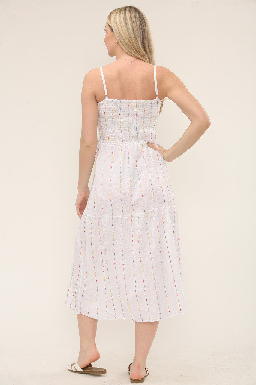 MULTICOLOR GESTREEPTE GEBORDUURDE SMOCKJURK - WIT