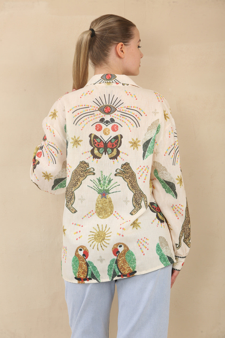 BLOUSE MET TROPISCHE WILDE ZONDAGEN PRINT - CRÈME
