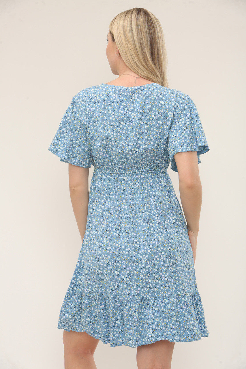 JURK MET BLOEMENPRINT EN KNOPENSLUITING - DENIM