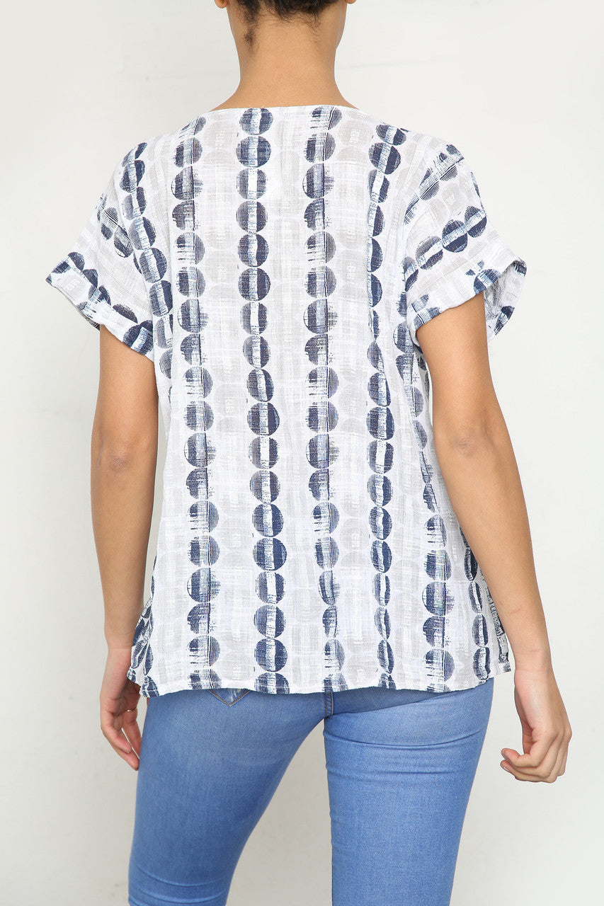 Ladies Circle Stripes Print Short Sleeved Top White
