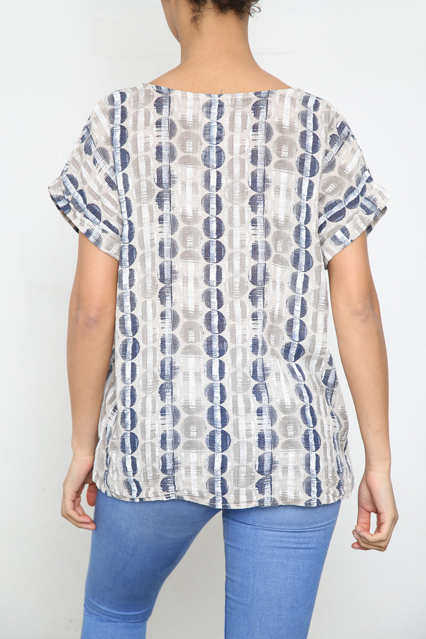 Ladies Circle Stripes Print Short Sleeved Top Stone