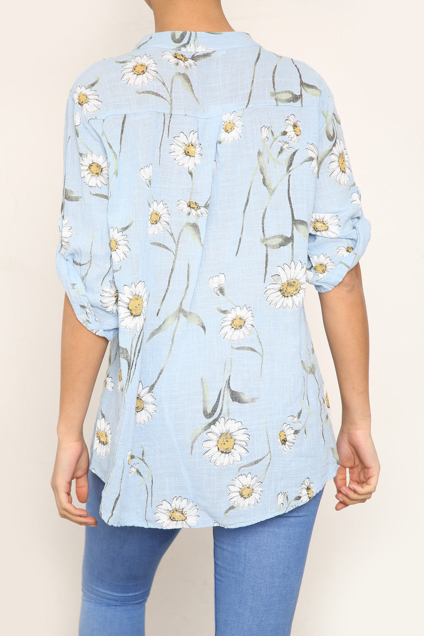 DAISY FLORAL MIX GRANDAD OVERHEMD BLOUSE LICHTBLAUW