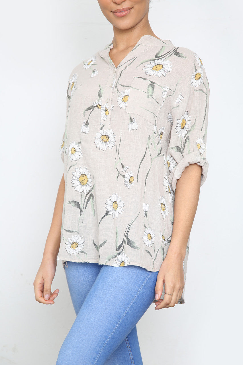 DAISY FLORAL MIX GRANDAD SHIRT BLOUSE STONE