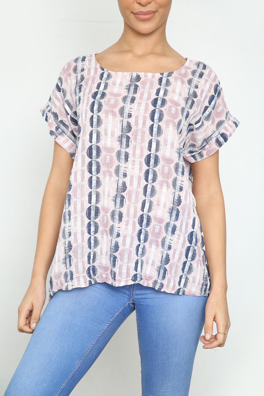 Ladies Circle Stripes Print Short Sleeved Top Dusty Pink