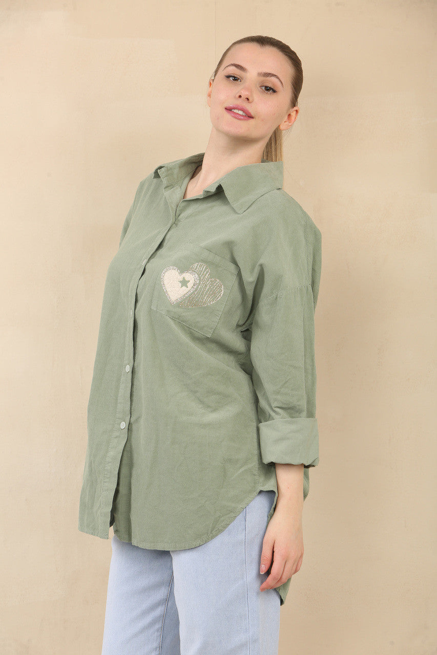 NEEDLECORD SHIRT WITH HEART STAMP POCKET DETAIL - KHAKI