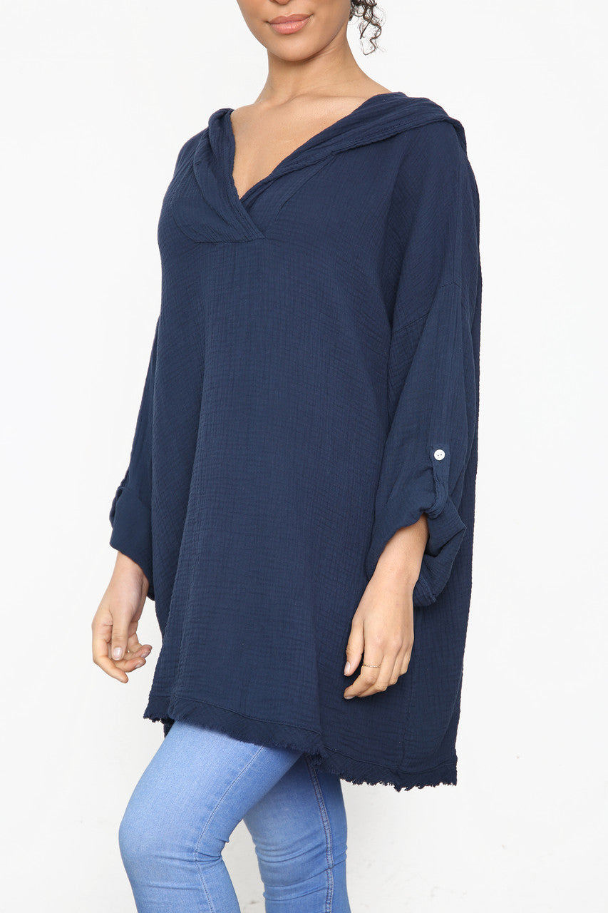 Ladies Hooded Plain Top Navy