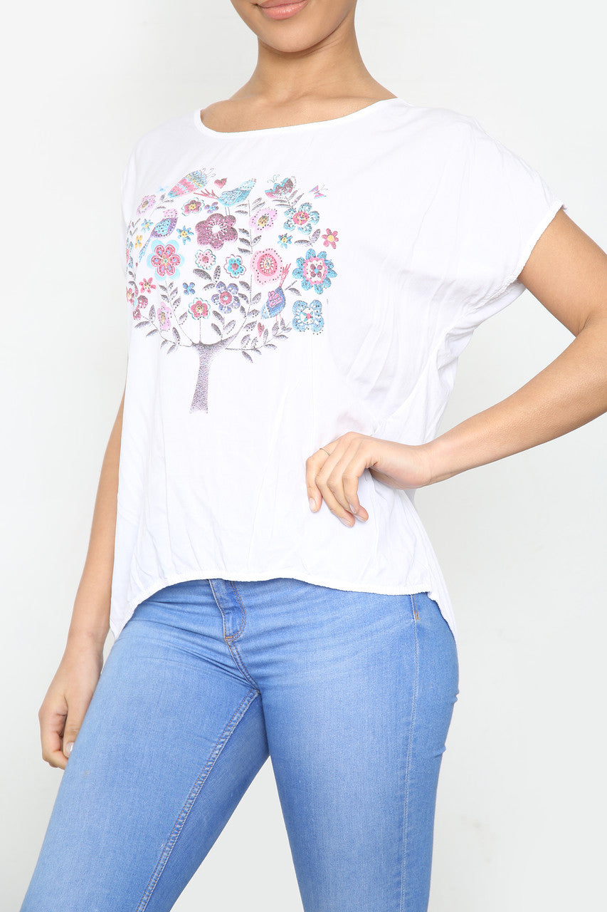 Dames T-shirt met bloemenboomprint wit