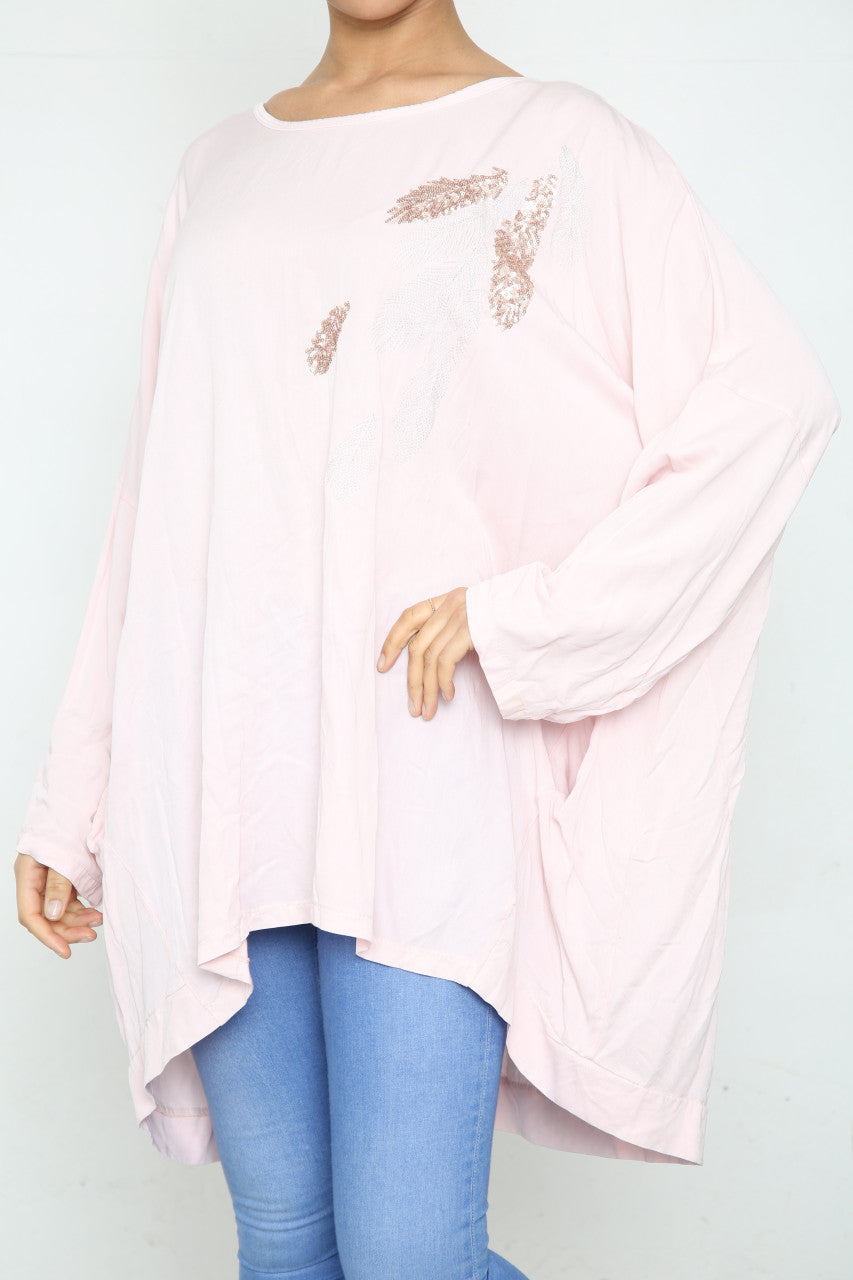 Ladies Sequin Feather Shoulder Detail Top Dusty Pink