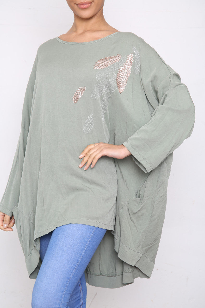 Ladies Sequin Feather Shoulder Detail Top Khaki