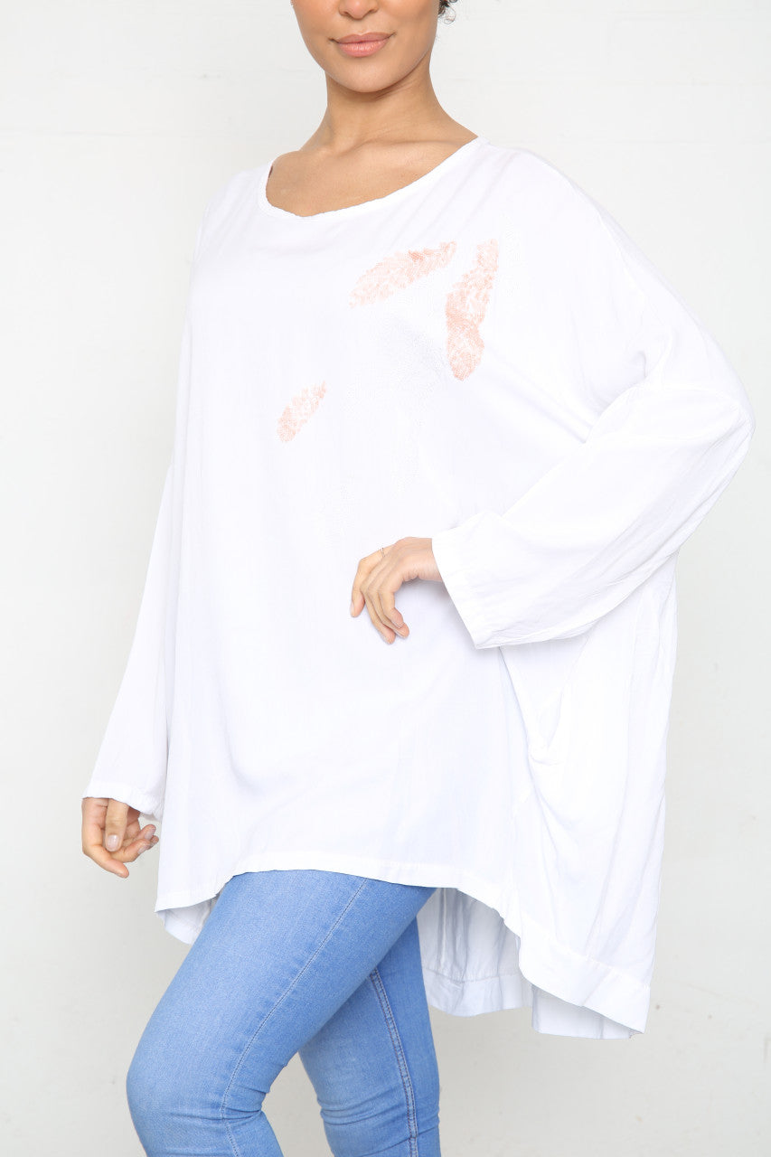 Ladies Sequin Feather Shoulder Detail Top White