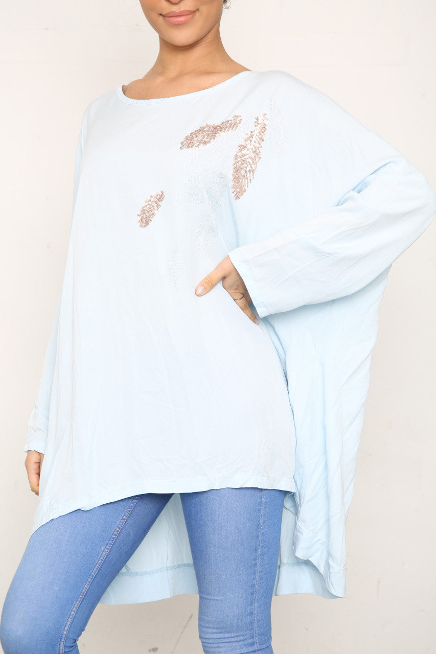 Ladies Sequin Feather Shoulder Detail Top Sky Blue