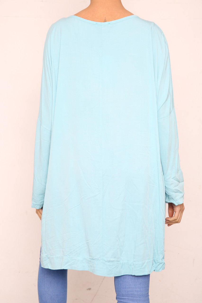 Ladies Sequin Feather Shoulder Detail Top Turquoise