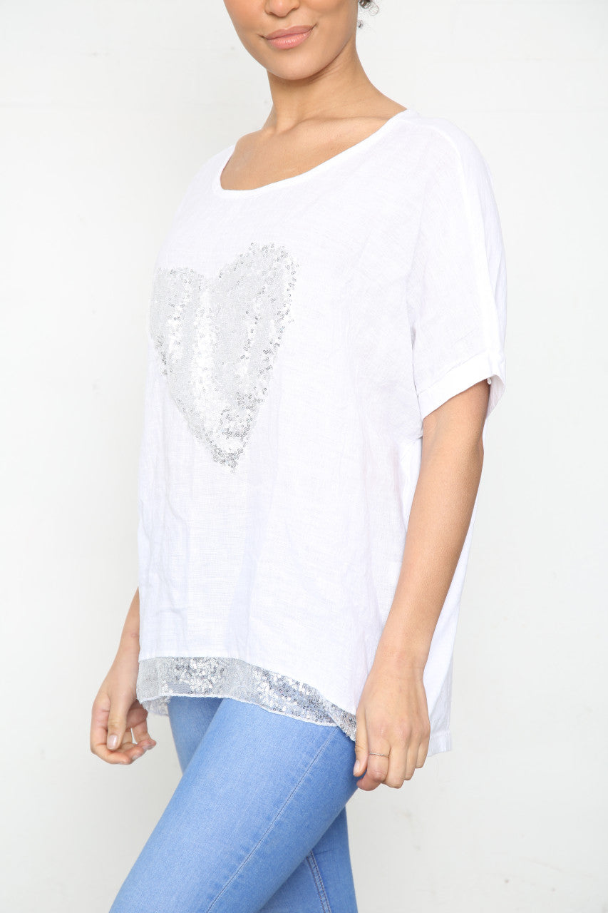 Ladies Sequin Heart & Border Top White