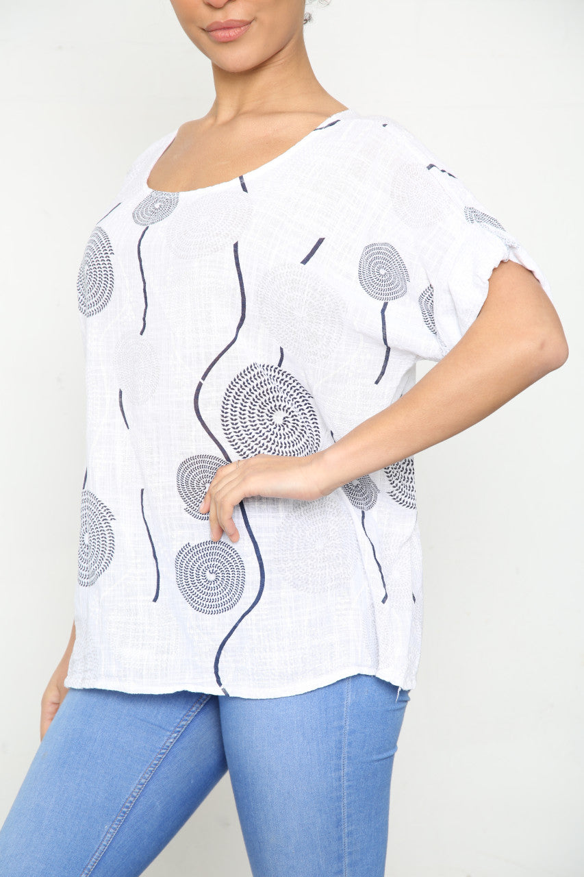 Ladies Circle Swirl & Dot Print Top White