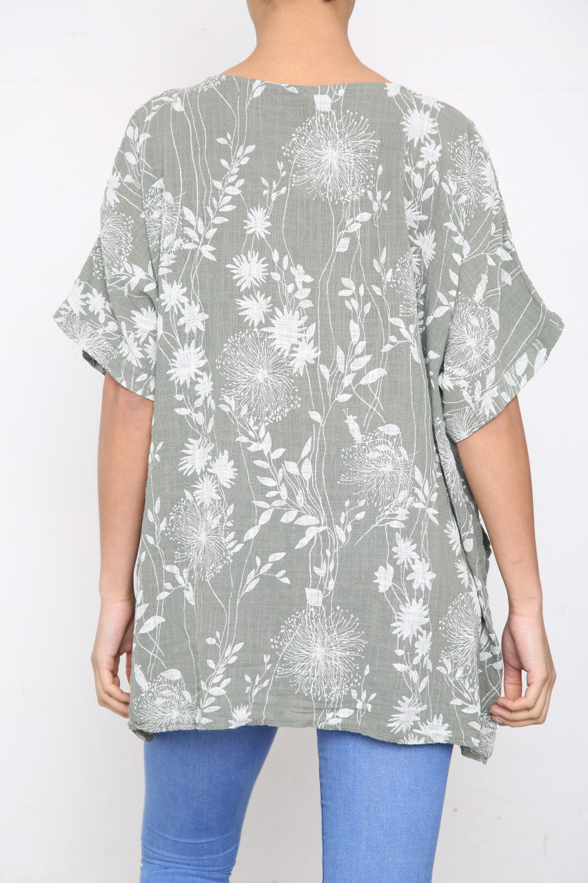 Dames Paardenbloem & Bladprint Top met Zak Khaki