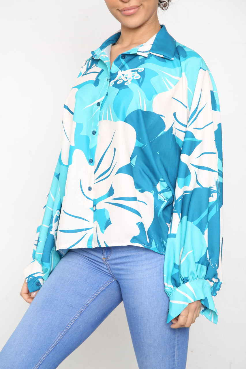 Dames Bloemen Abstracte Print Blouse Top Turkoois