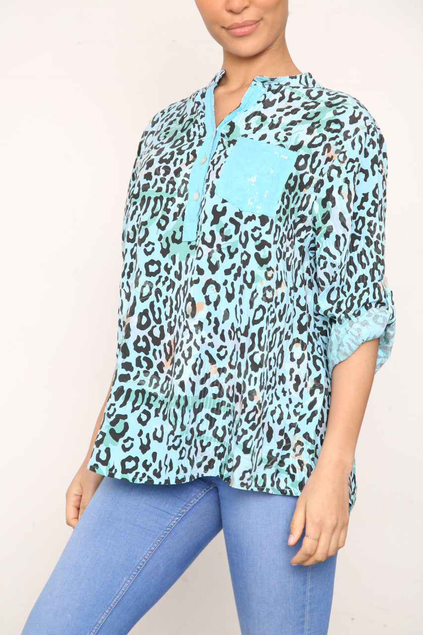 Ladies Leopard Print Grandad Collar Shirt Top Turquoise