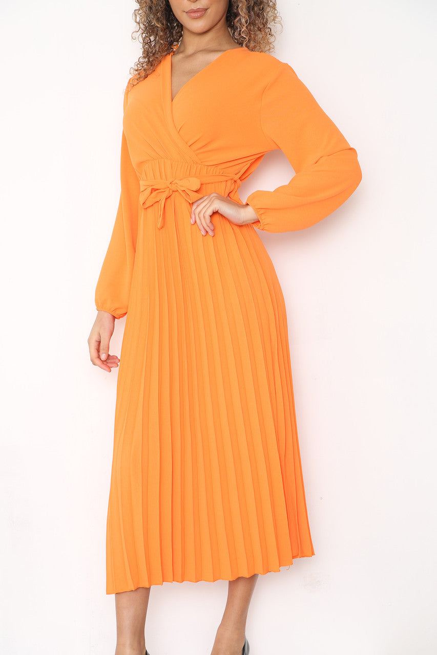 PLAIN PLEATED BOTTOM BELTED WRAP STYLE DRESS ORANGE