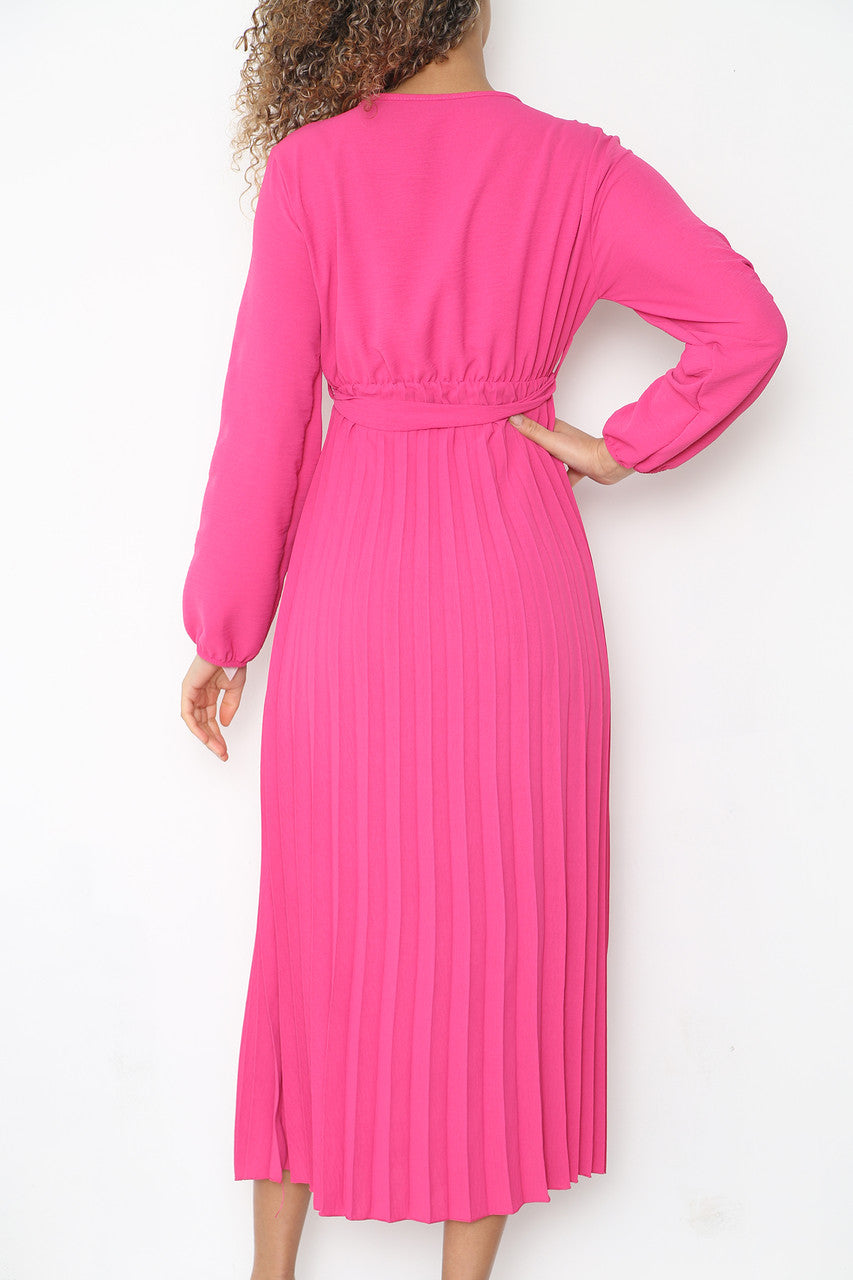 PLAIN PLEATED BOTTOM BELTED WRAP STYLE DRESS CERISE