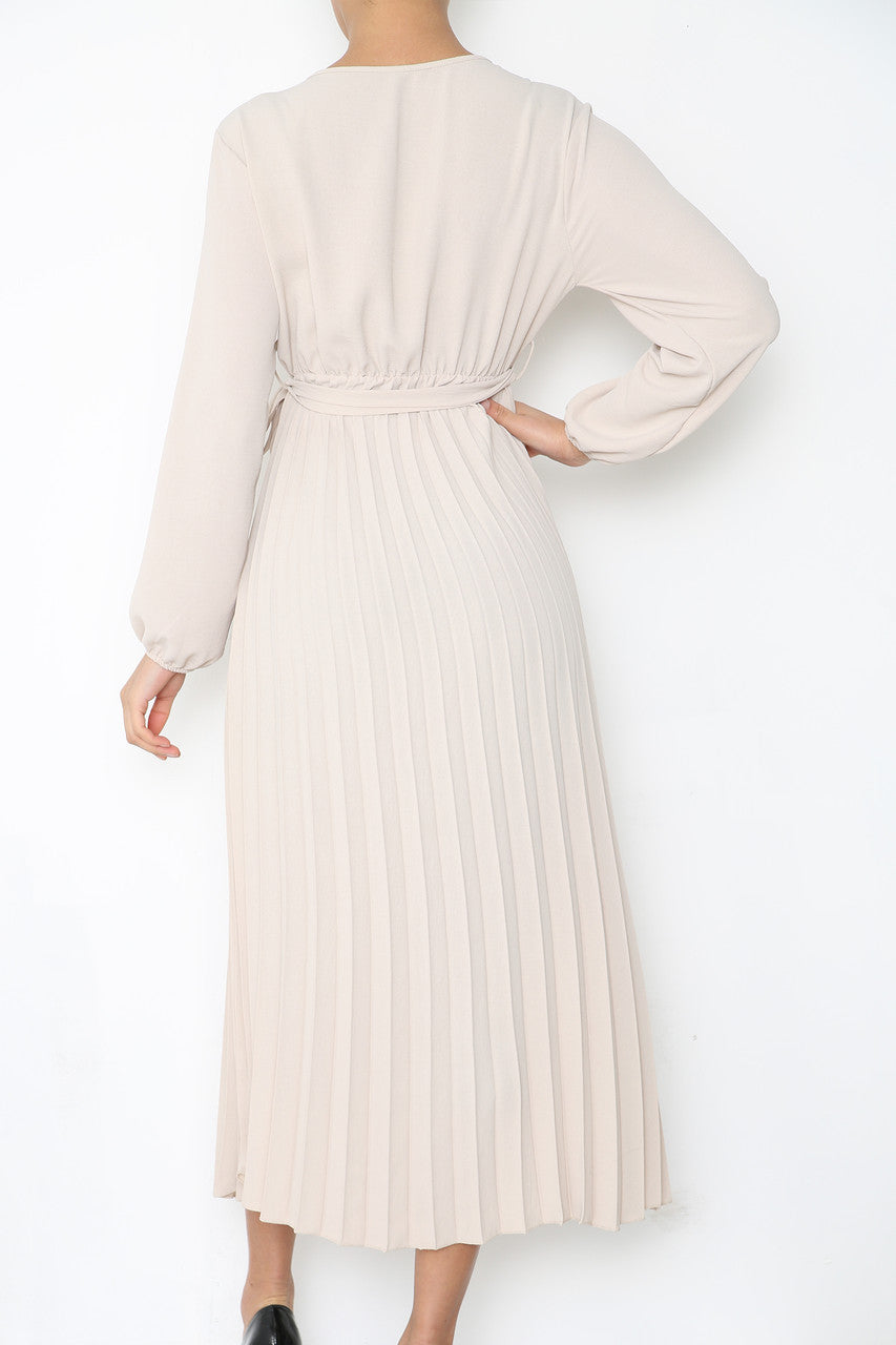 Ladies Plain Pleated Bottom Belted Wrap Style Dress Stone