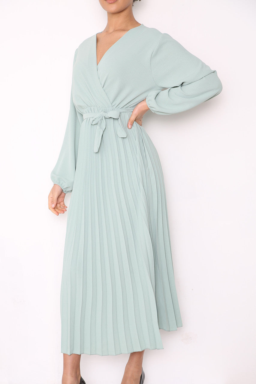 PLAIN PLEATED BOTTOM BELTED WRAP STYLE DRESS SAGE GREEN