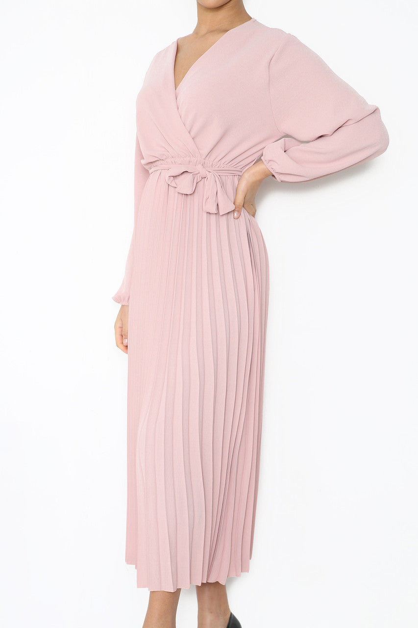 Ladies Plain Pleated Bottom Belted Wrap Style Dress Dusty Pink