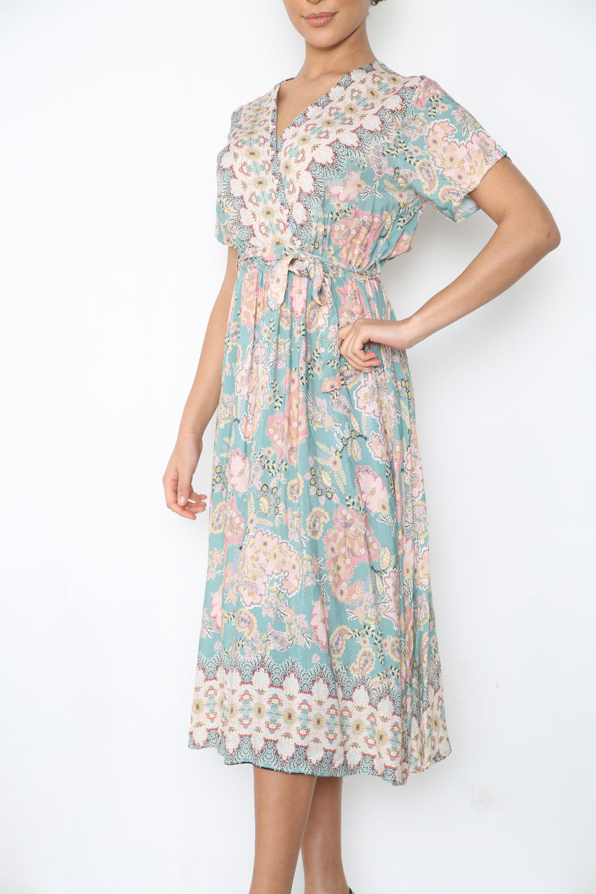 Ladies Paisley Floral Print Wrap Style Dress Sage Green