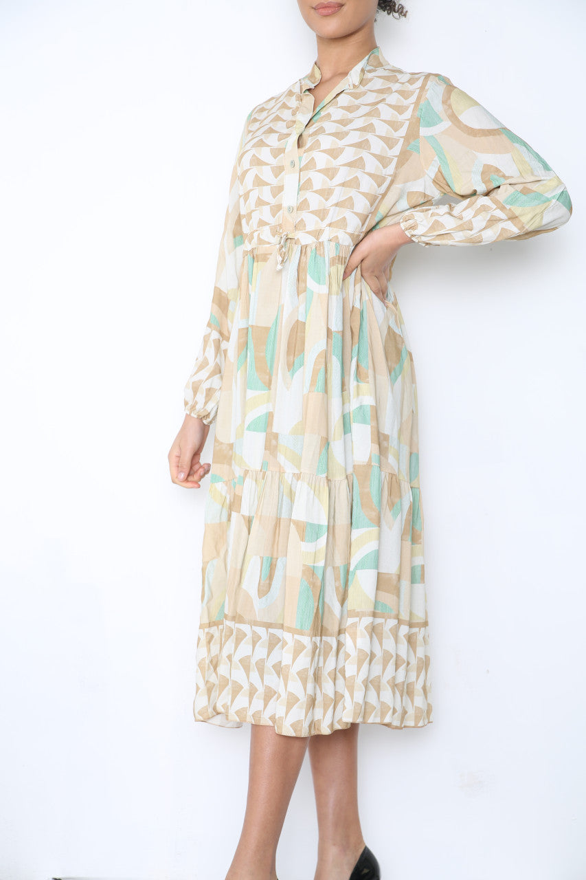 Dames Aztec Print Maxi Jurk met Overhemdstijl Steen