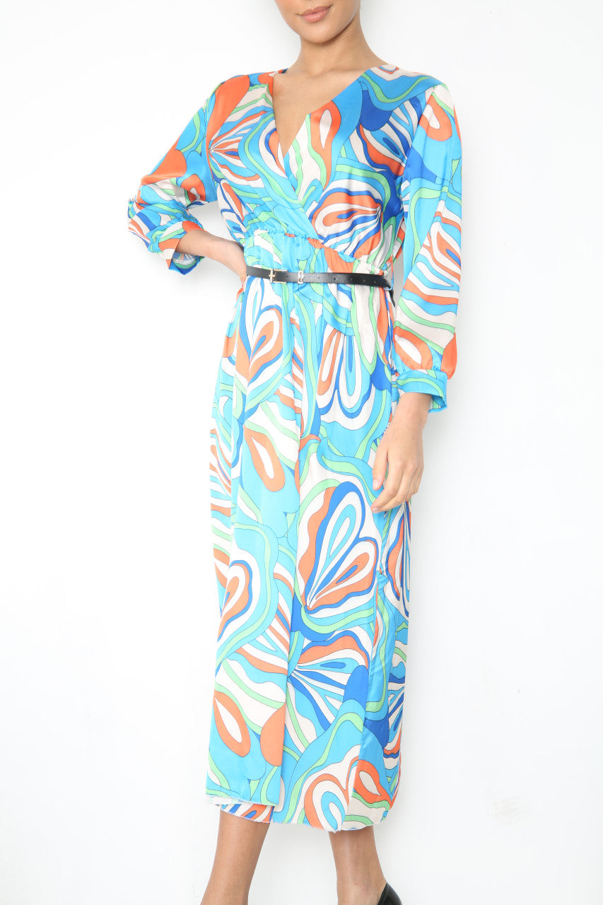Dames Jurk Met Overlap En Riem Met Opvallende Wervelprint - Blauw