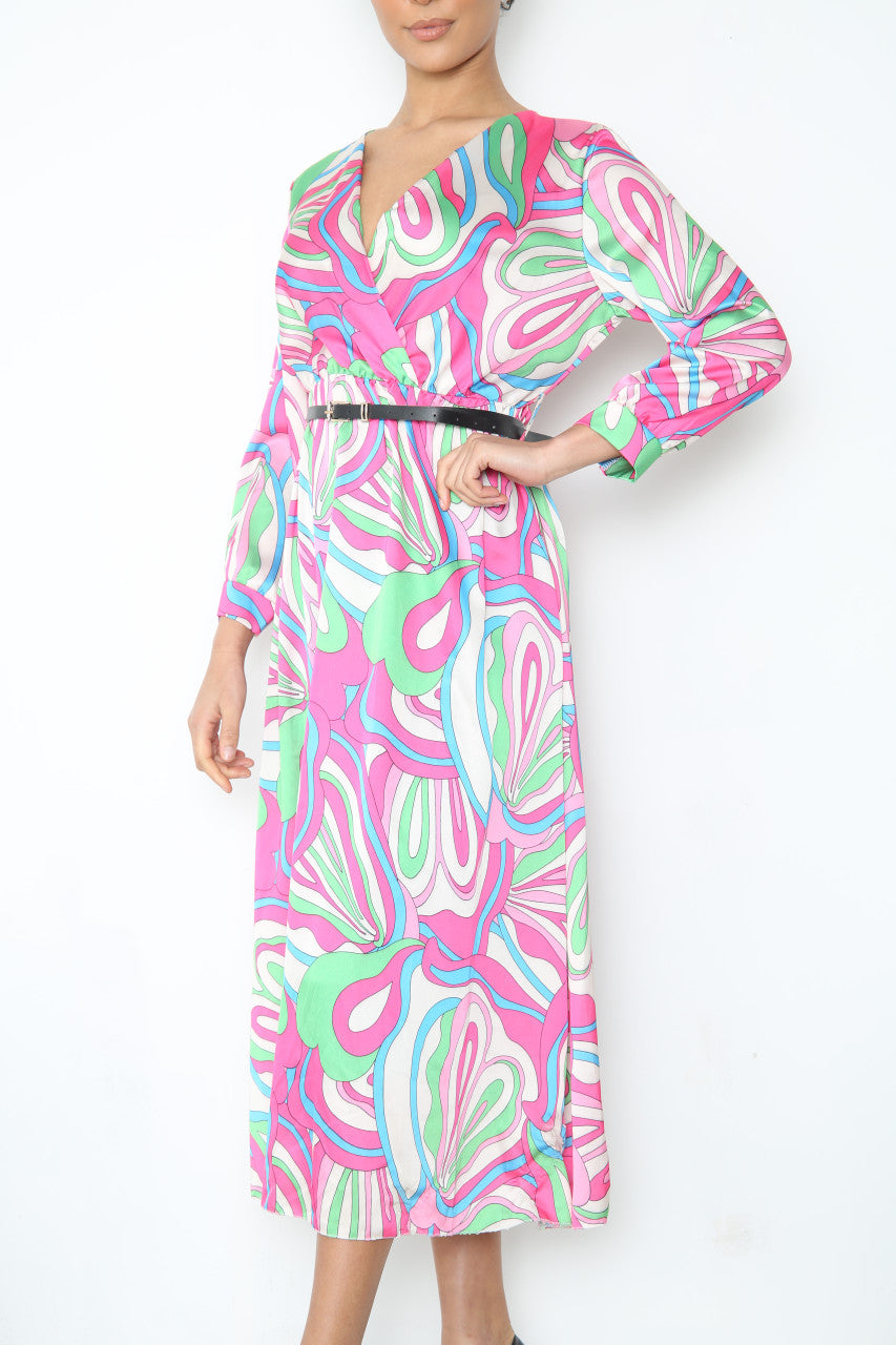 Ladies Bold Swirl Print Wrap Style Dress With Belt Cerise